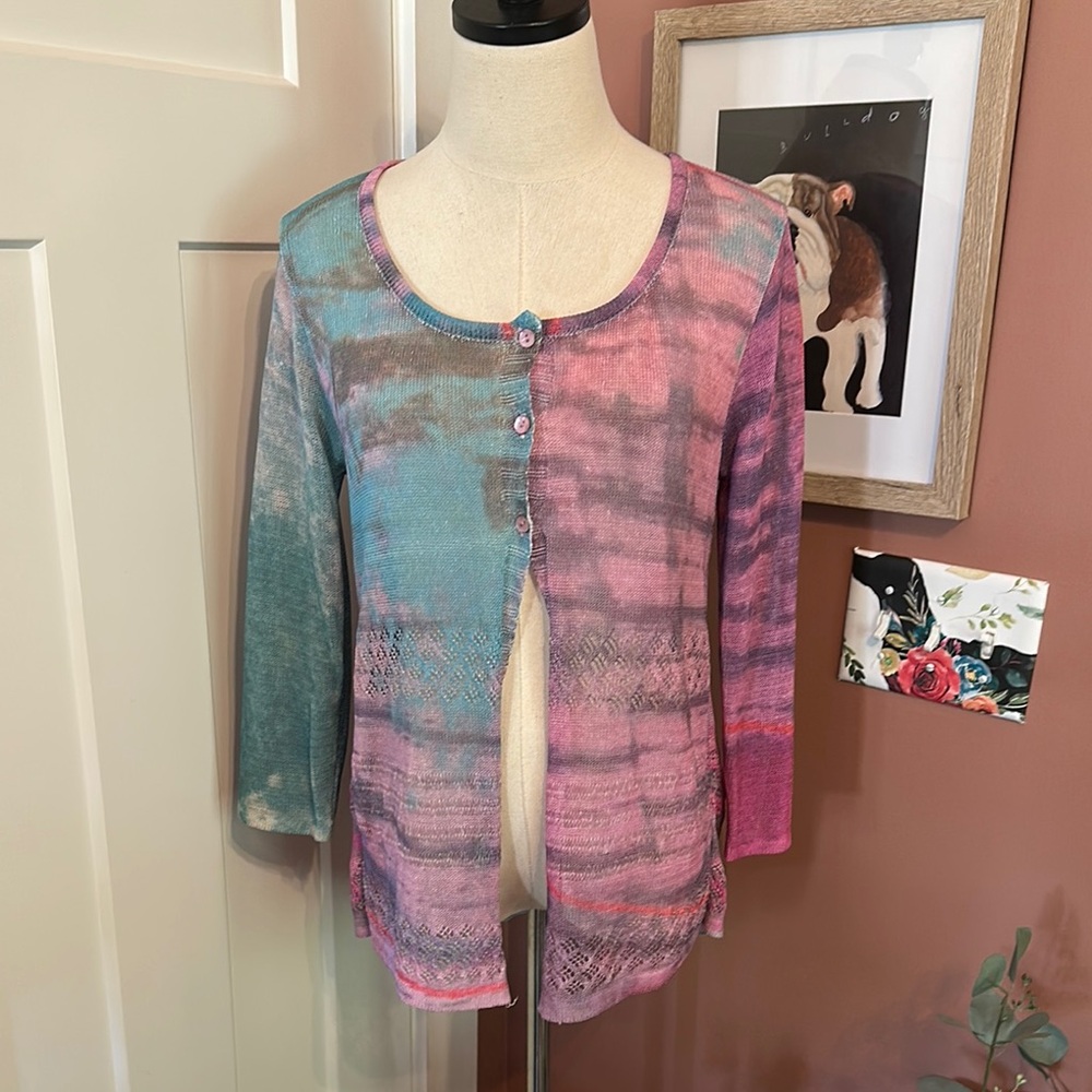 Save the Queen pastel Multicolor watercolor Button-Up L mesh knit sheer Cardigan